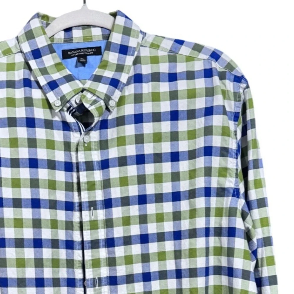 Banana Republic Oxford Shirt Woven Green Blue Gingham XL Slim Fit Button Down